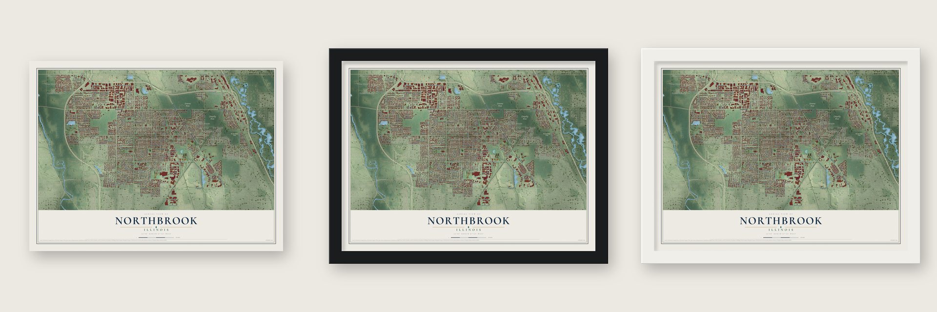 Northbrook, Illinois map unframed, in a black wood frame and in a white wood frame