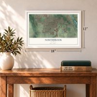 Northbrook, Illinois map, 12 x 18 inch print in a white frame in an entryway