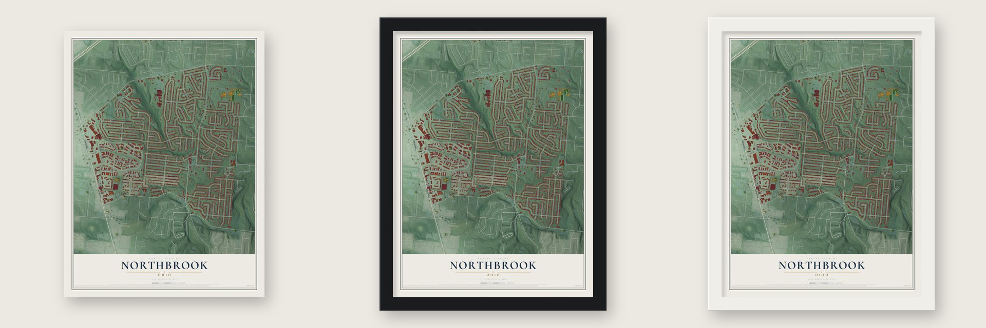 Northbrook, Ohio map unframed, in a black wood frame and in a white wood frame