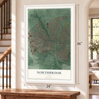 Northbrook, Ohio map, 24 x 36 inch print in a white frame by a staircase