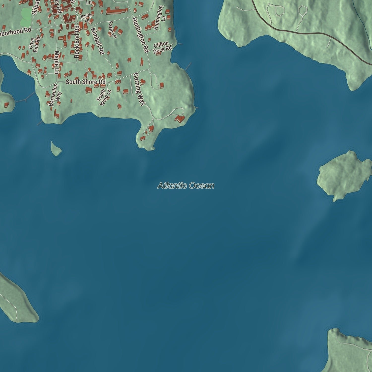 Close-up of the map of Northeast Harbor, Maine print showing terrain and local geography