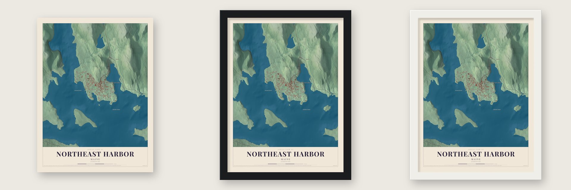 Northeast Harbor, Maine map unframed, in a black wood frame and in a white wood frame