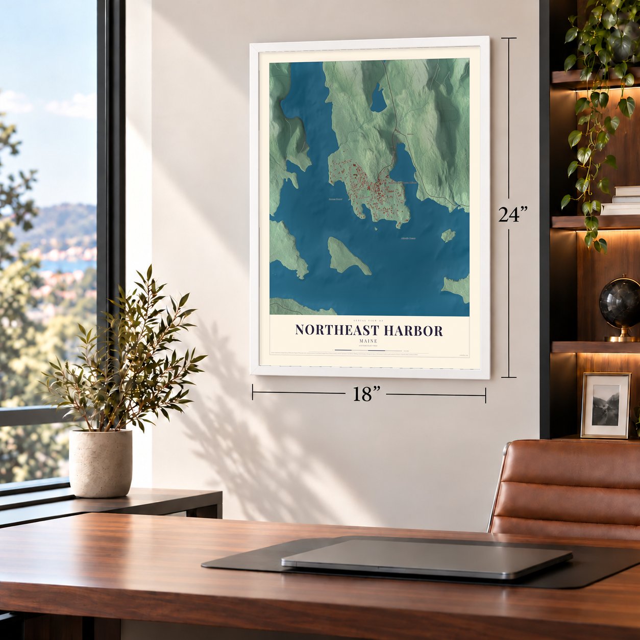 Northeast Harbor, Maine map, 18 x 24 inch print in a white frame in a home office