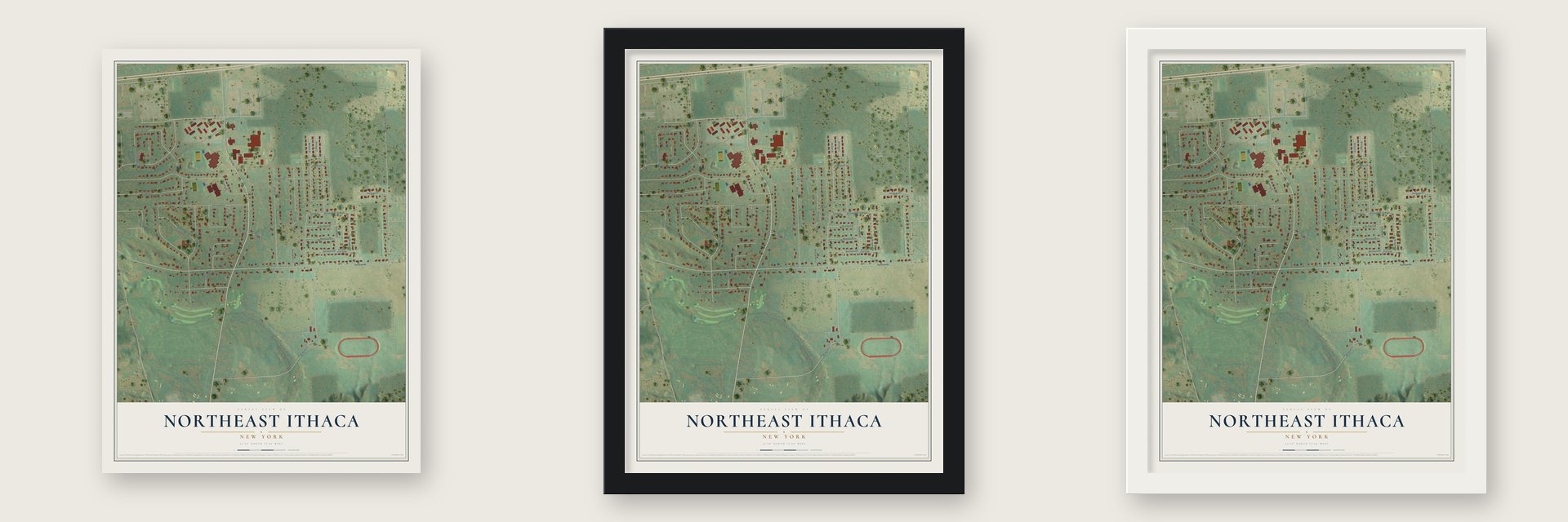Northeast Ithaca, New York map unframed, in a black wood frame and in a white wood frame