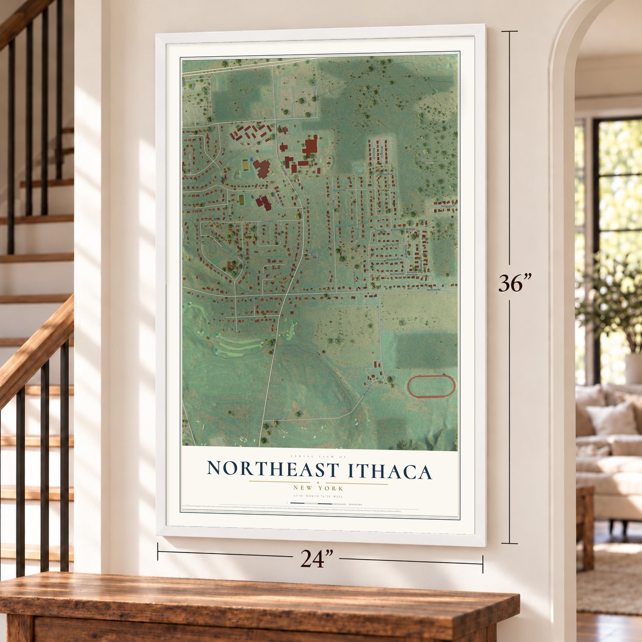 Northeast Ithaca, New York map, 24 x 36 inch print in a white frame by a staircase