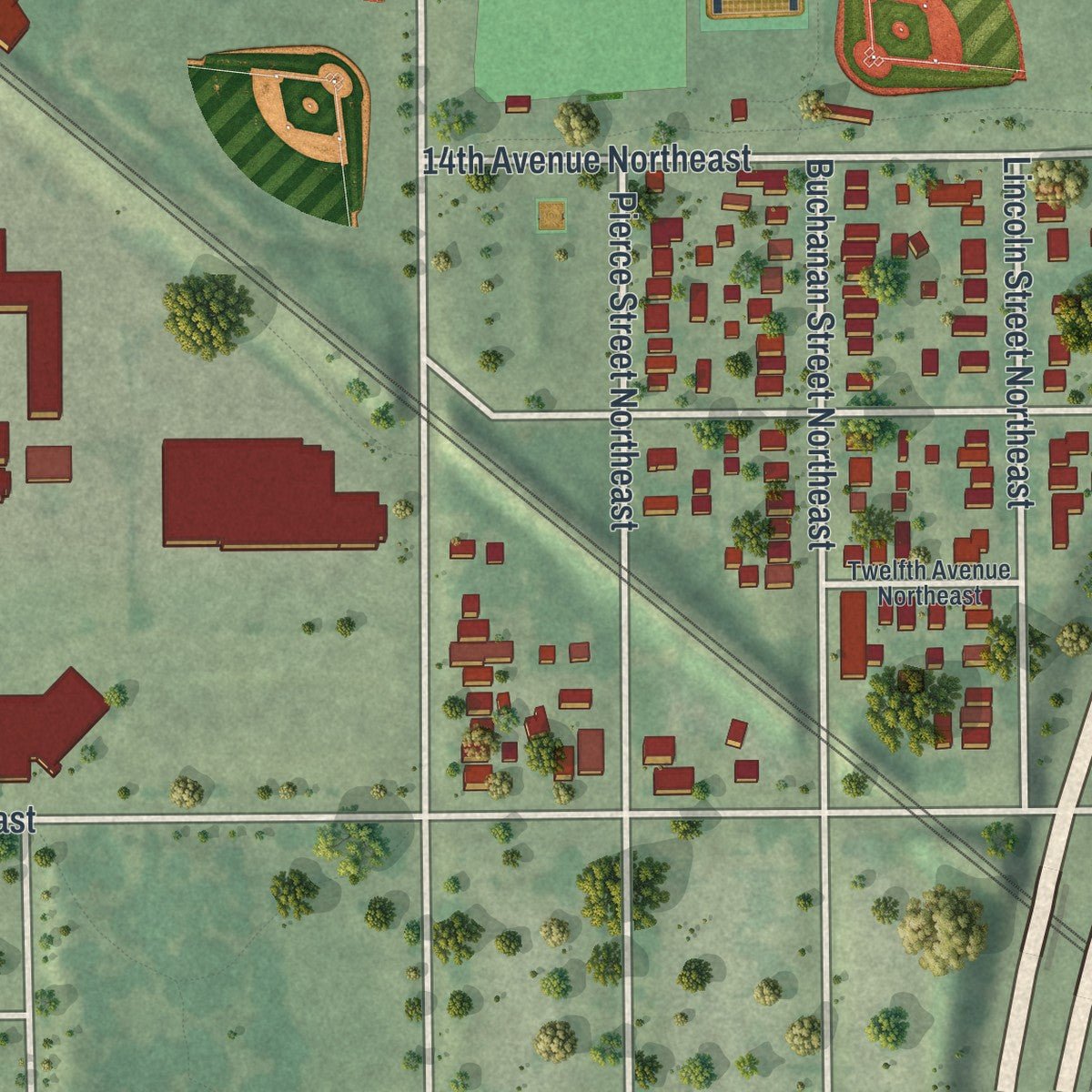 Second close-up of the map of Northeast Park, Minnesota print showing more streets and buildings