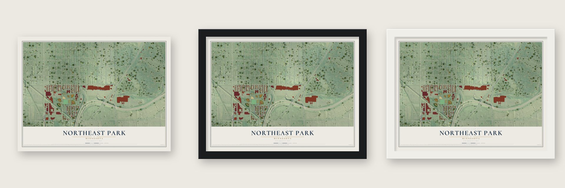 Northeast Park, Minnesota map unframed, in a black wood frame and in a white wood frame