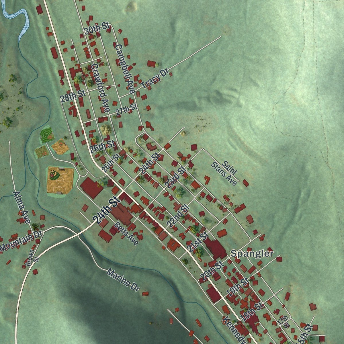 Second close-up of the map of Northern Cambria, Pennsylvania print showing more streets and buildings