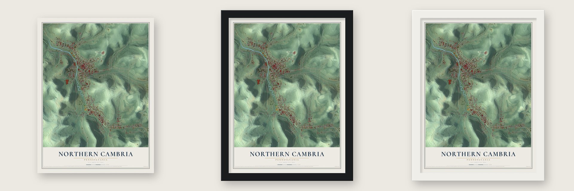 Northern Cambria, Pennsylvania map unframed, in a black wood frame and in a white wood frame