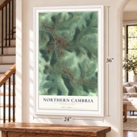 Northern Cambria, Pennsylvania map, 24 x 36 inch print in a white frame by a staircase