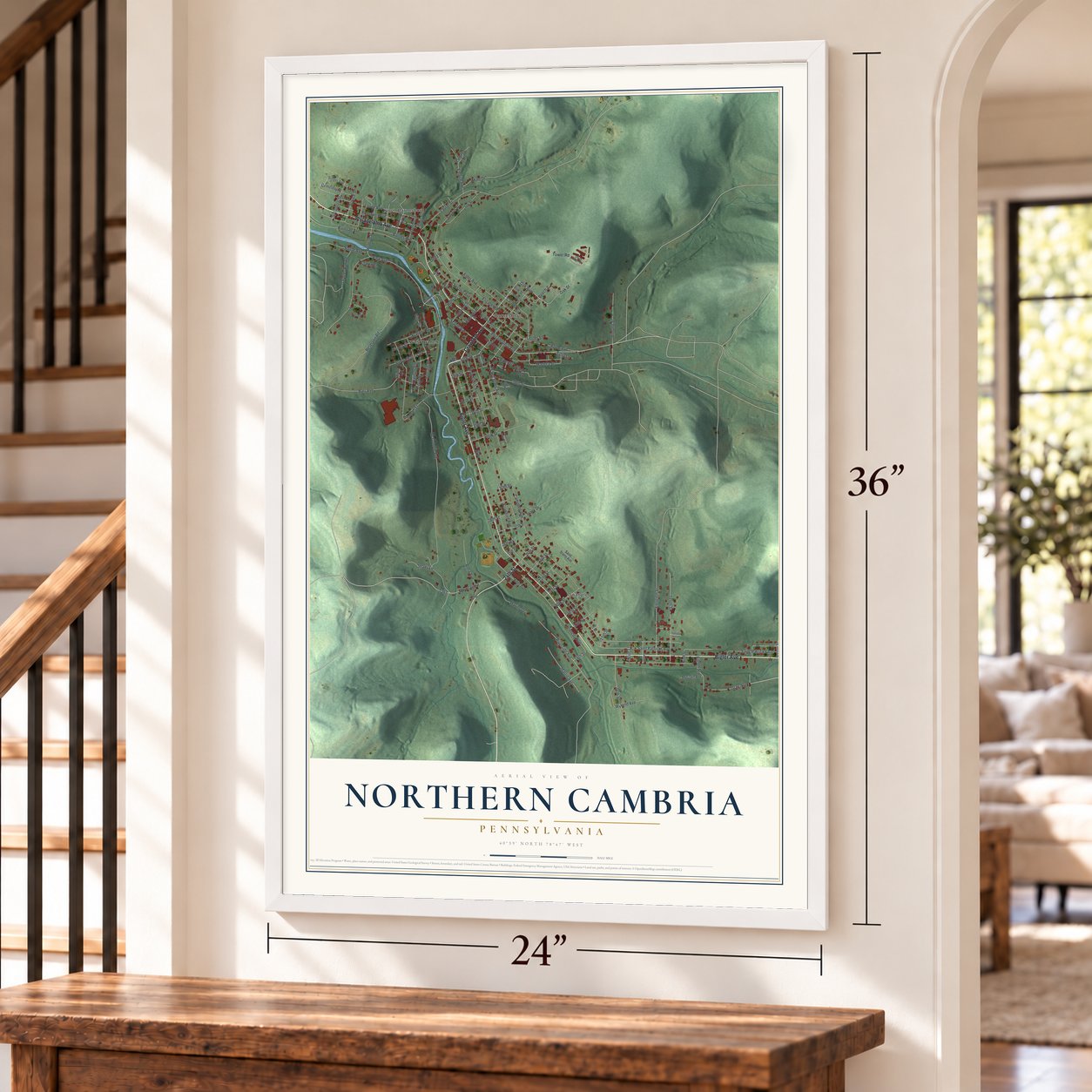 Northern Cambria, Pennsylvania map, 24 x 36 inch print in a white frame by a staircase