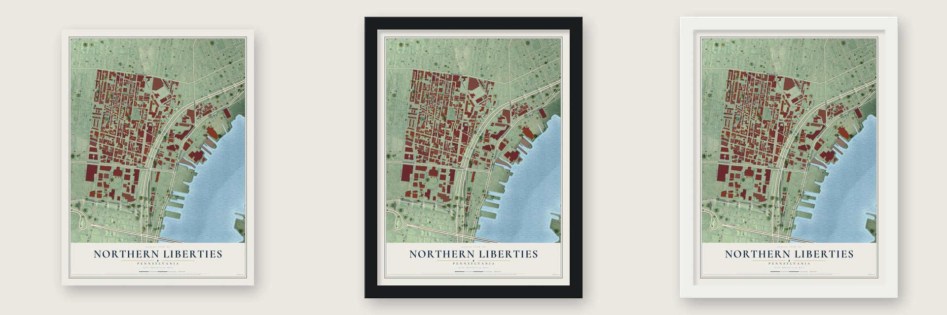 Northern Liberties, Pennsylvania map unframed, in a black wood frame and in a white wood frame