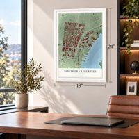 Northern Liberties, Pennsylvania map, 18 x 24 inch print in a white frame in a home office