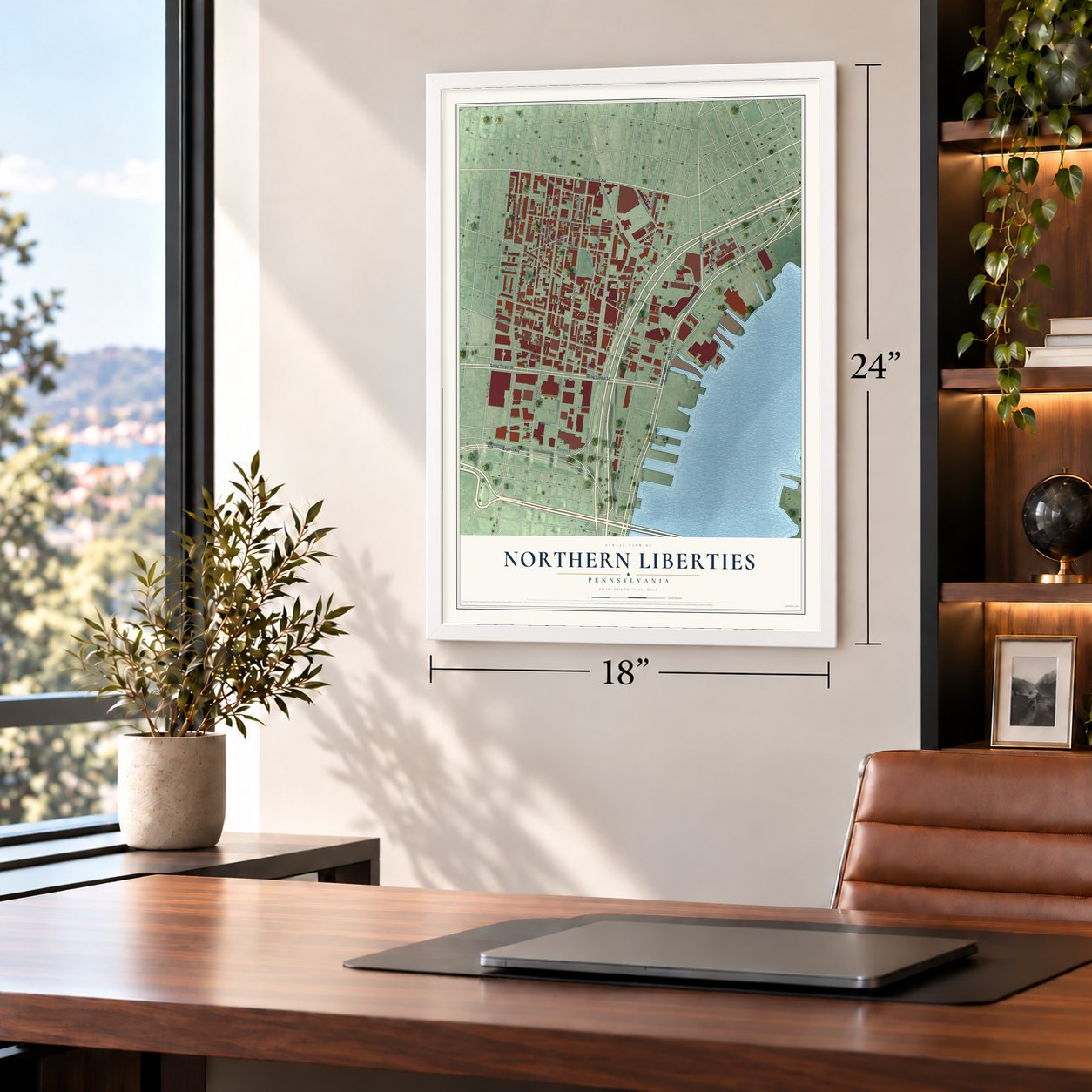 Northern Liberties, Pennsylvania map, 18 x 24 inch print in a white frame in a home office