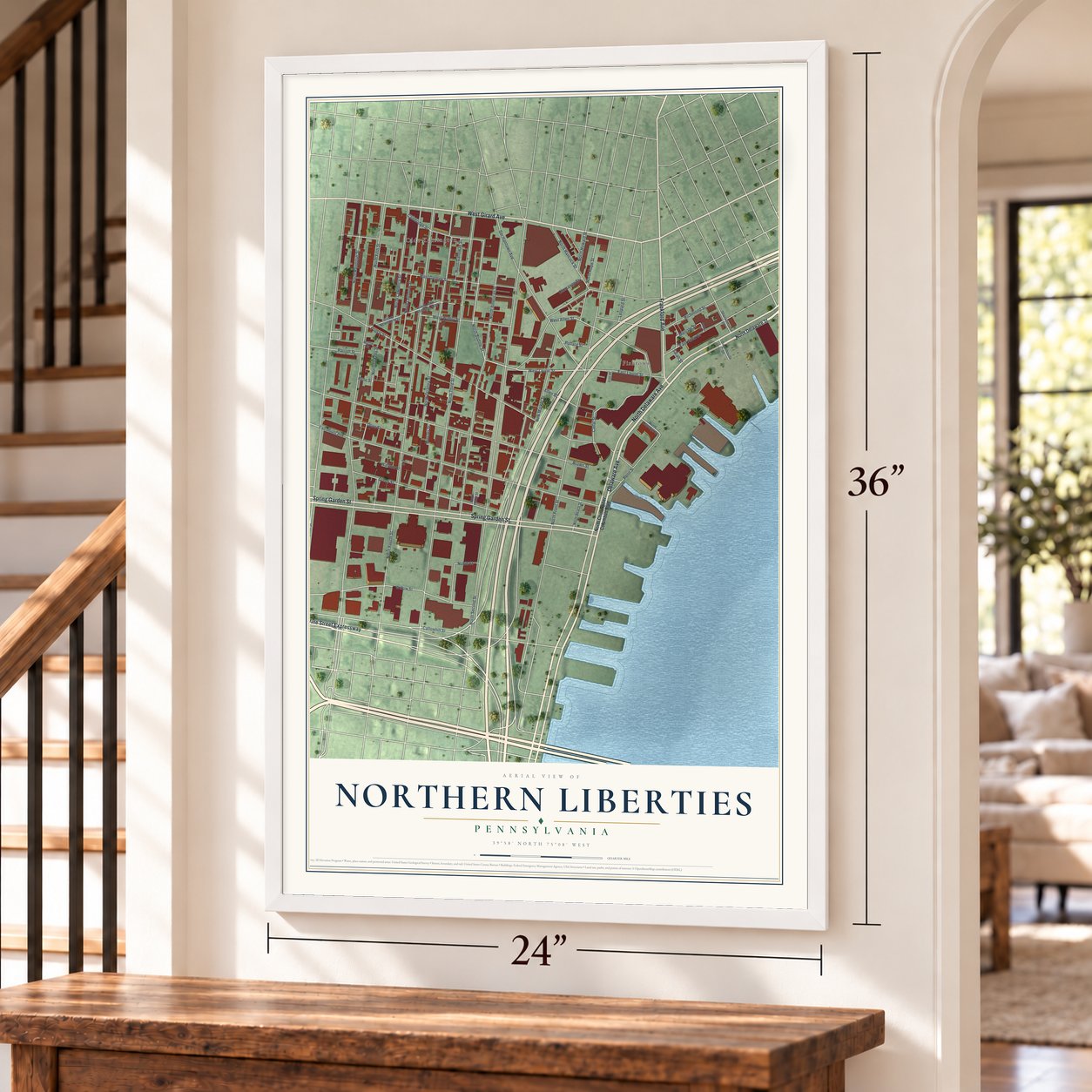 Northern Liberties, Pennsylvania map, 24 x 36 inch print in a white frame by a staircase