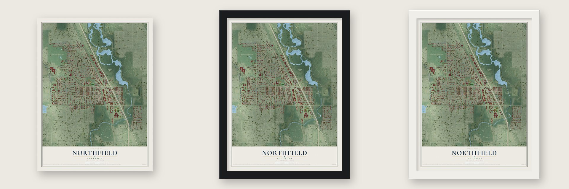 Northfield, Illinois map unframed, in a black wood frame and in a white wood frame