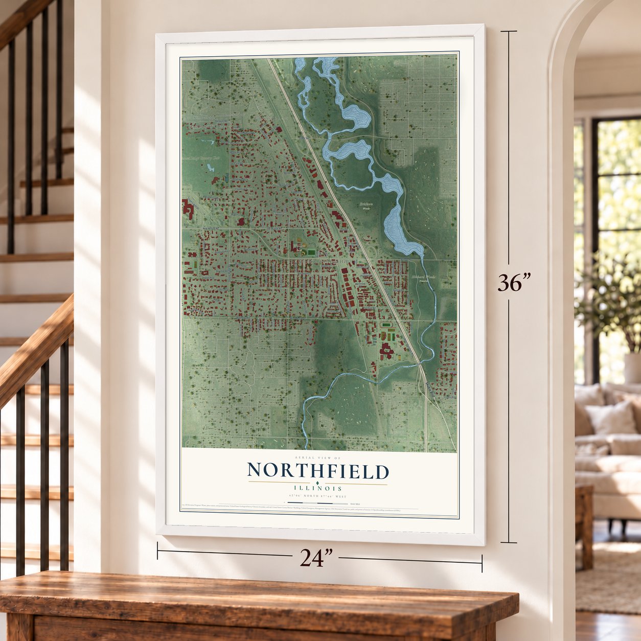 Northfield, Illinois map, 24 x 36 inch print in a white frame by a staircase
