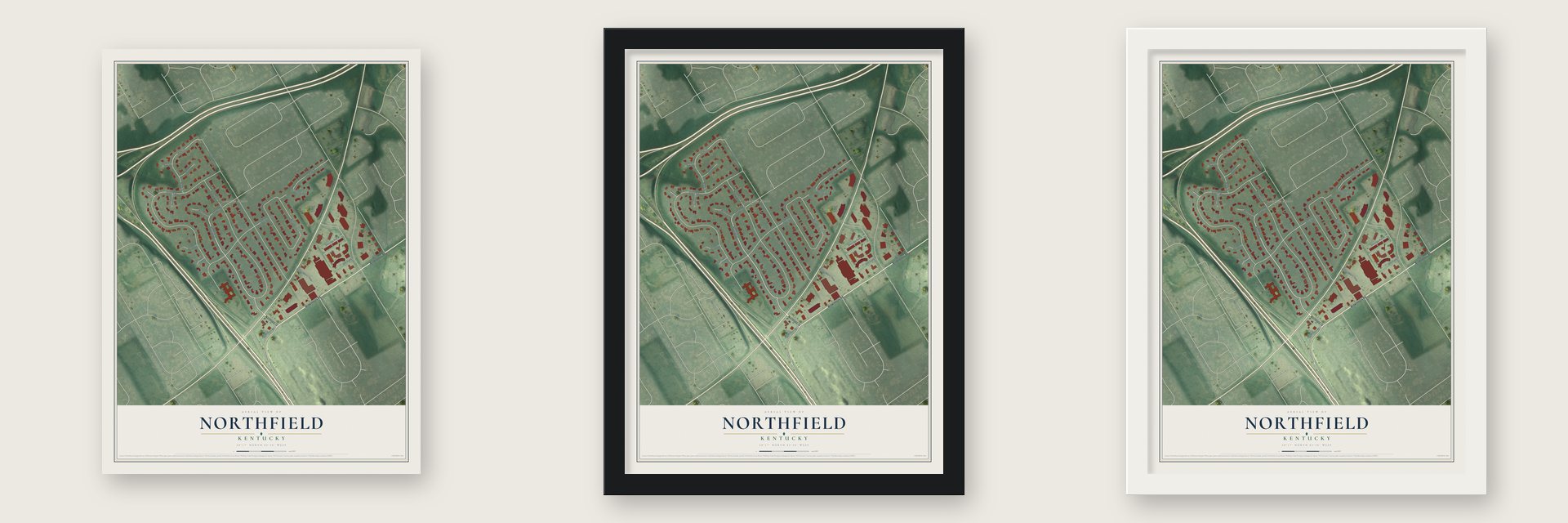 Northfield, Kentucky map unframed, in a black wood frame and in a white wood frame
