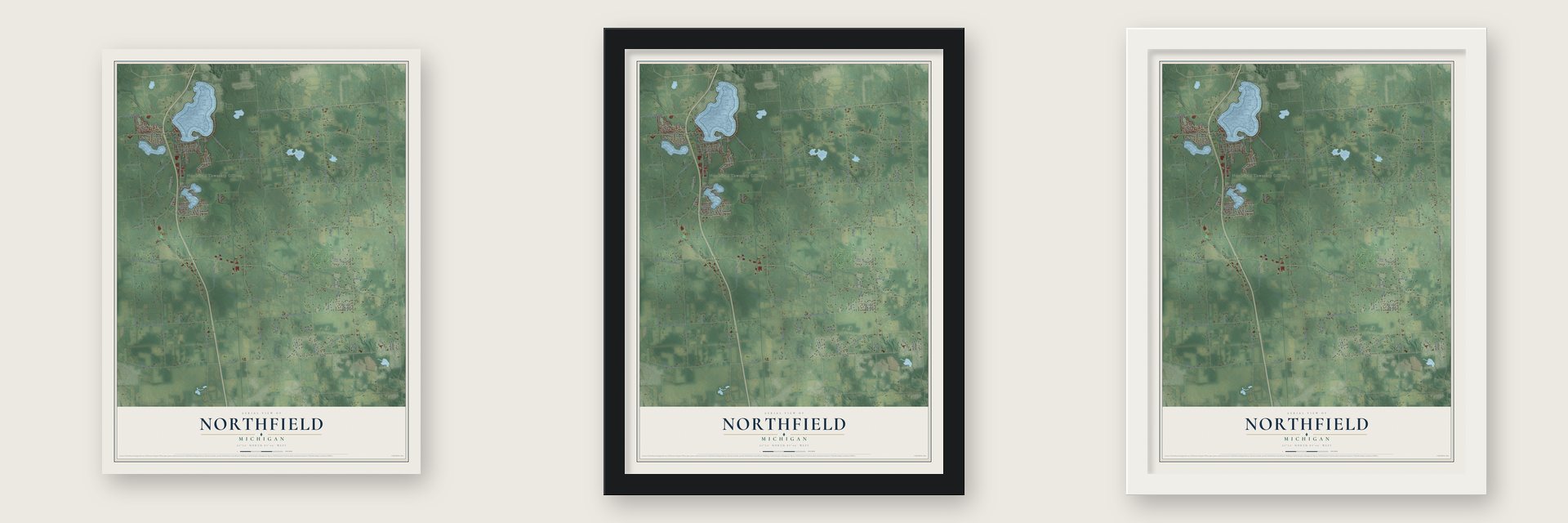 Northfield, Michigan map unframed, in a black wood frame and in a white wood frame