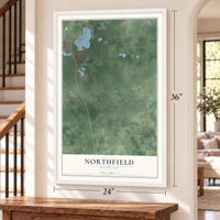 Northfield, Michigan map, 24 x 36 inch print in a white frame by a staircase