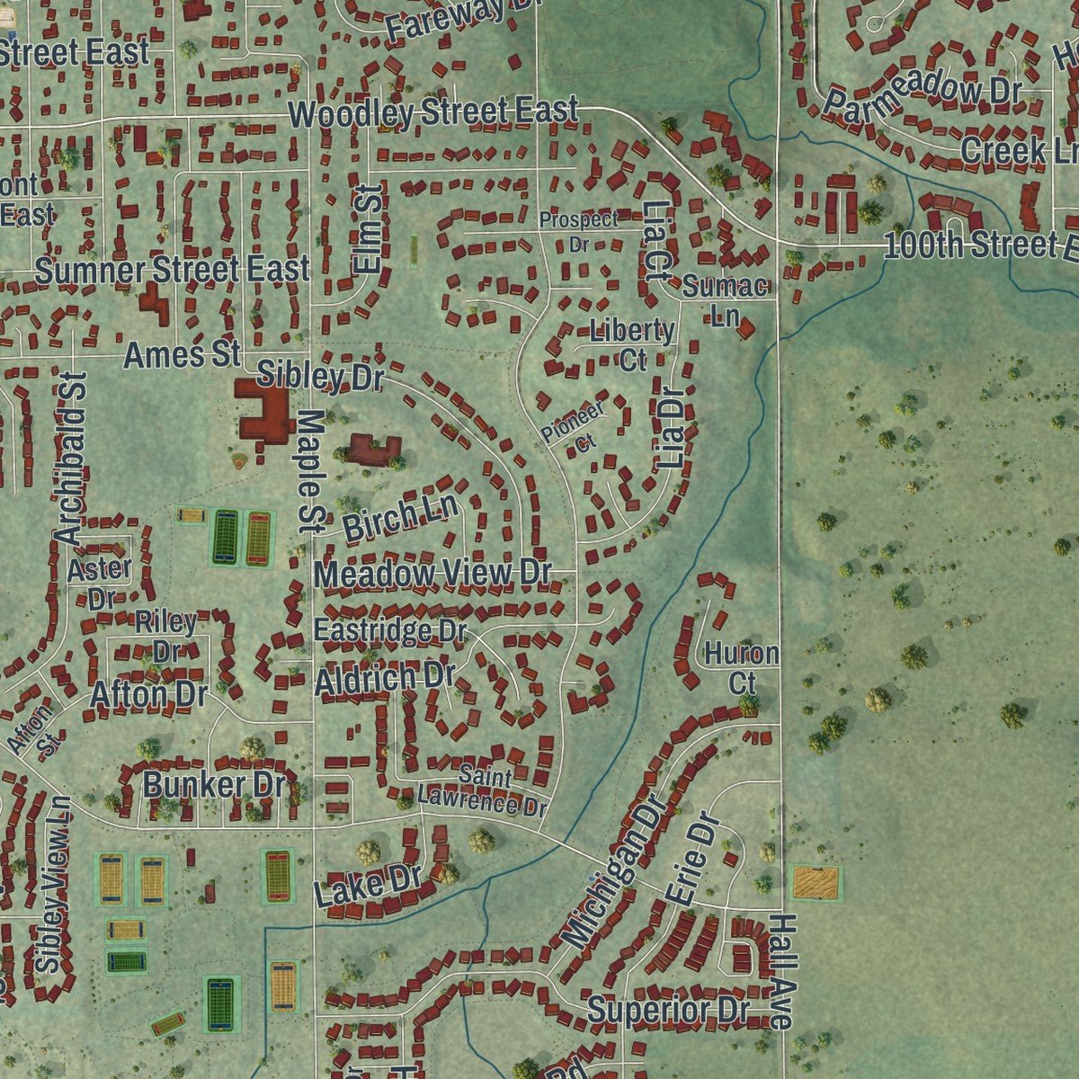 Second close-up of the map of Northfield, Minnesota print showing more streets and buildings