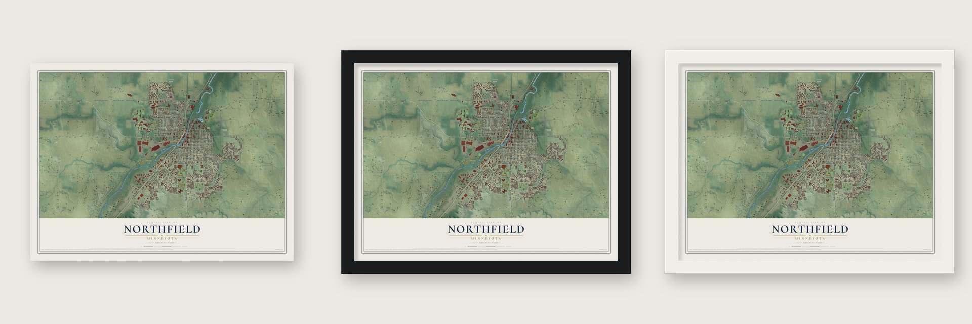 Northfield, Minnesota map unframed, in a black wood frame and in a white wood frame