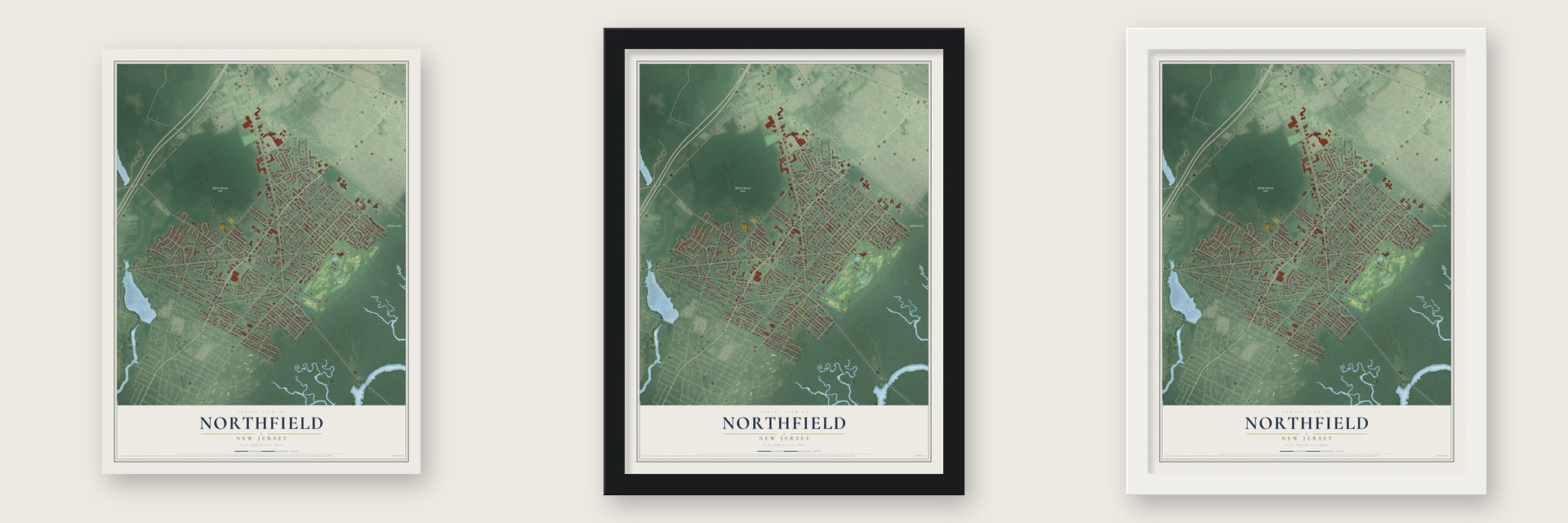 Northfield, New Jersey map unframed, in a black wood frame and in a white wood frame