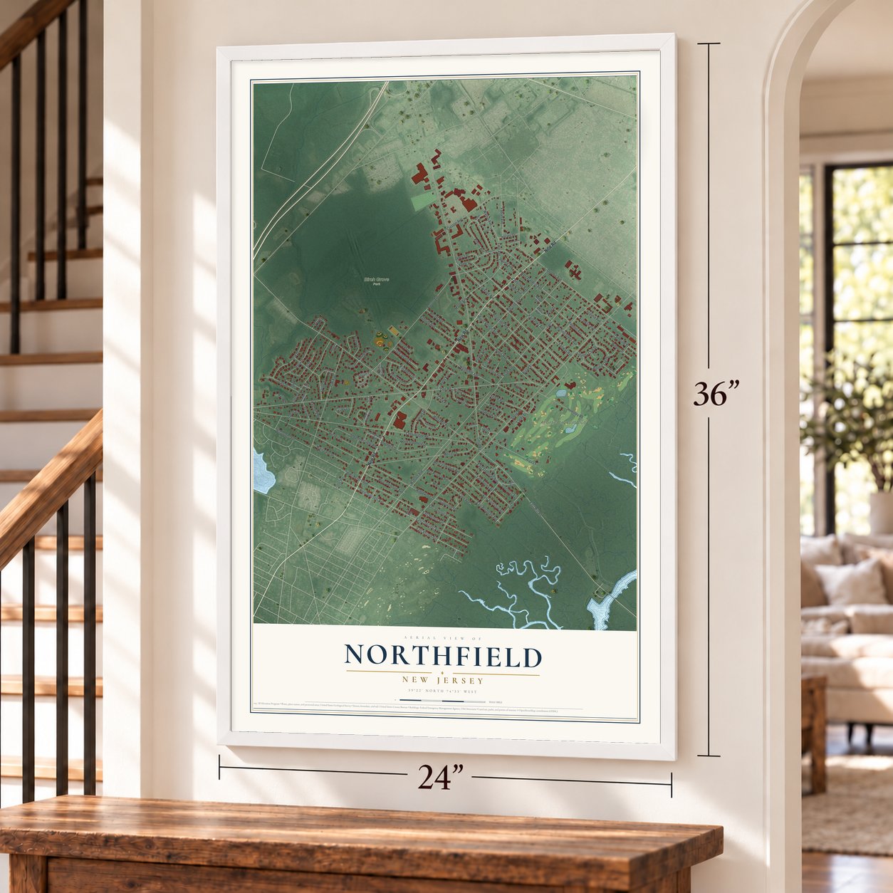 Northfield, New Jersey map, 24 x 36 inch print in a white frame by a staircase