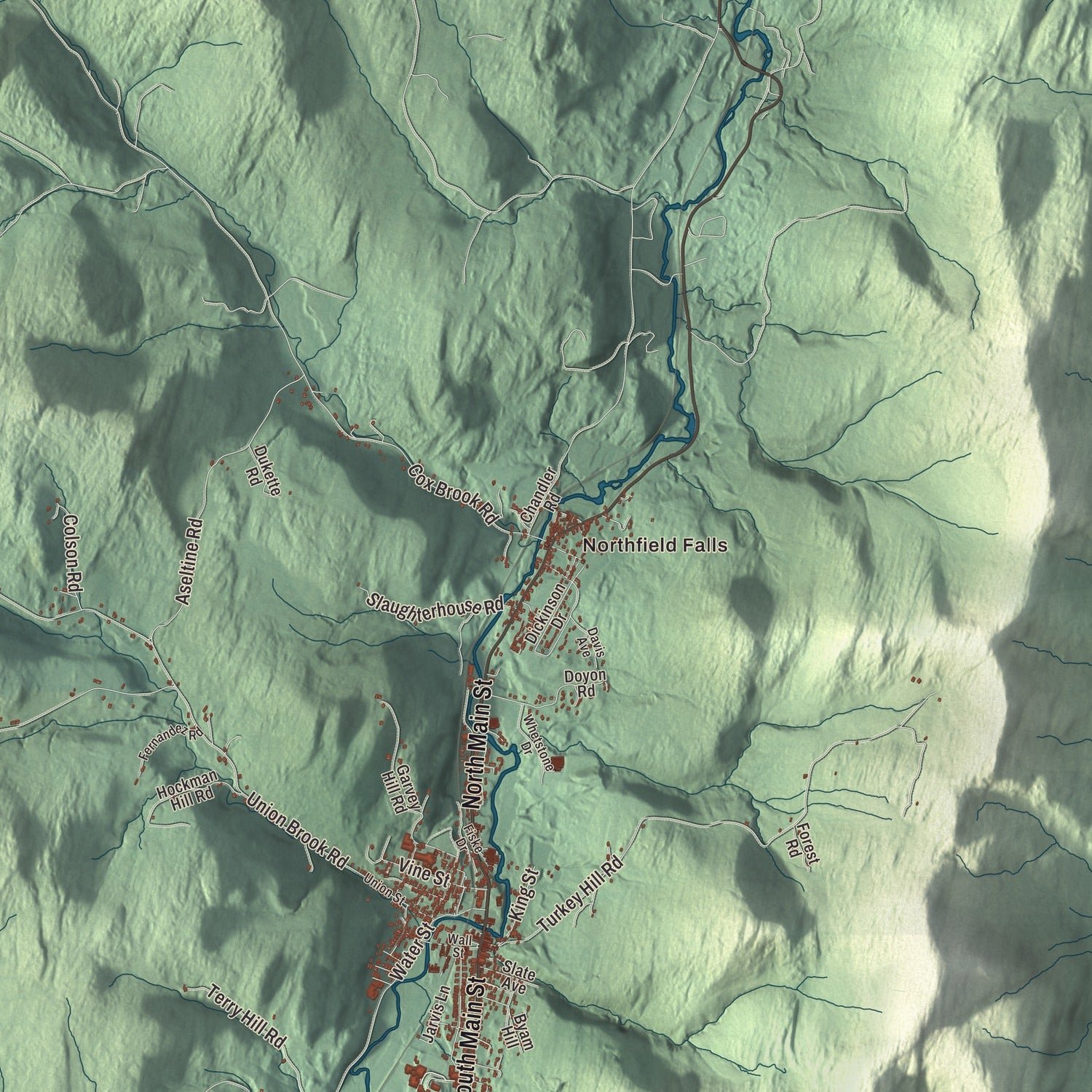 Close-up of the map of Northfield, Vermont print showing terrain and local geography