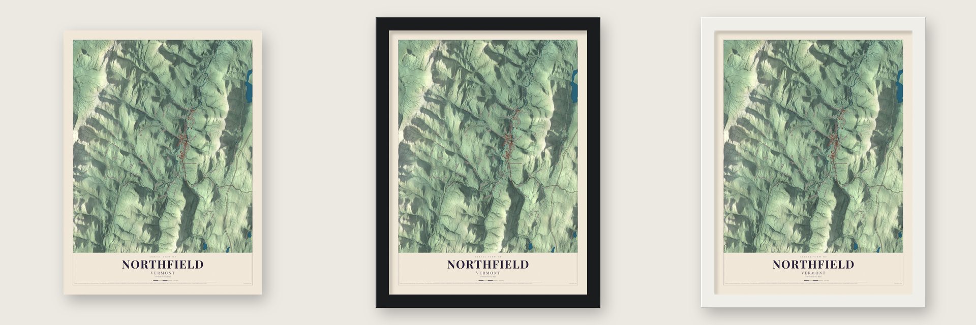 Northfield, Vermont map unframed, in a black wood frame and in a white wood frame