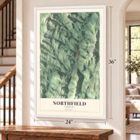 Northfield, Vermont map, 24 x 36 inch print in a white frame by a staircase
