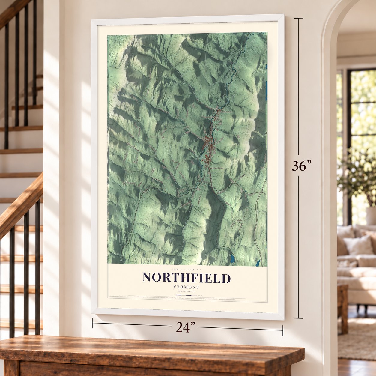 Northfield, Vermont map, 24 x 36 inch print in a white frame by a staircase