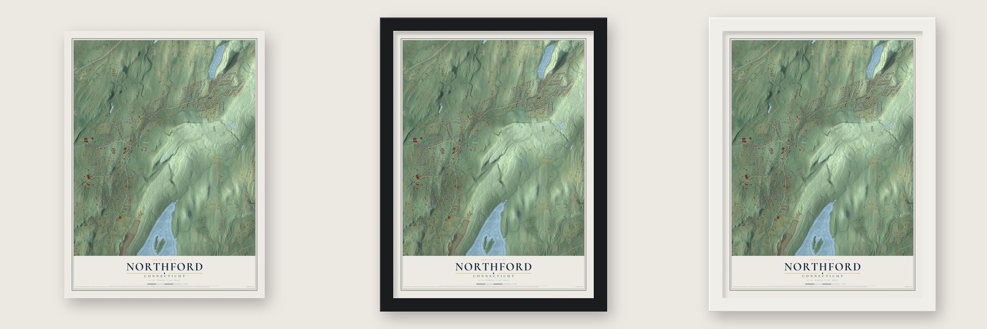 Northford, Connecticut map unframed, in a black wood frame and in a white wood frame