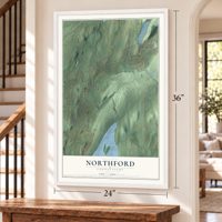 Northford, Connecticut map, 24 x 36 inch print in a white frame by a staircase