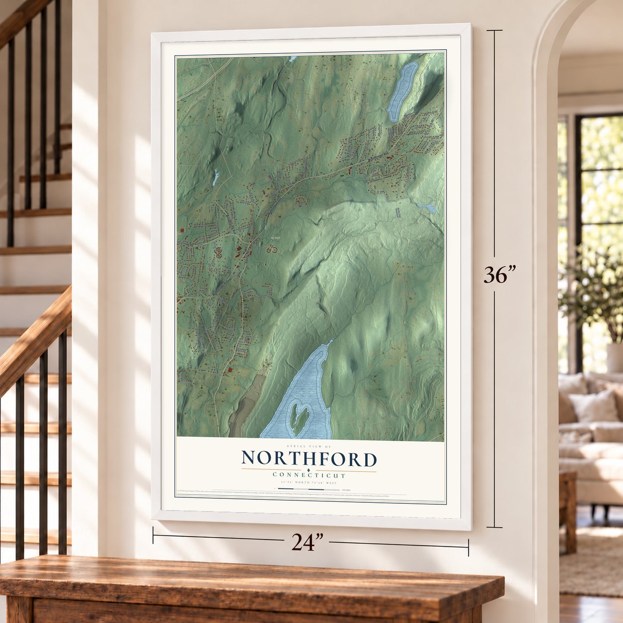 Northford, Connecticut map, 24 x 36 inch print in a white frame by a staircase