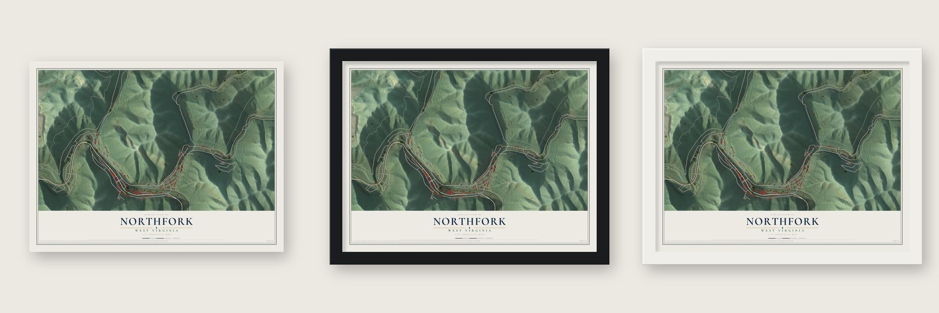 Northfork, West Virginia map unframed, in a black wood frame and in a white wood frame
