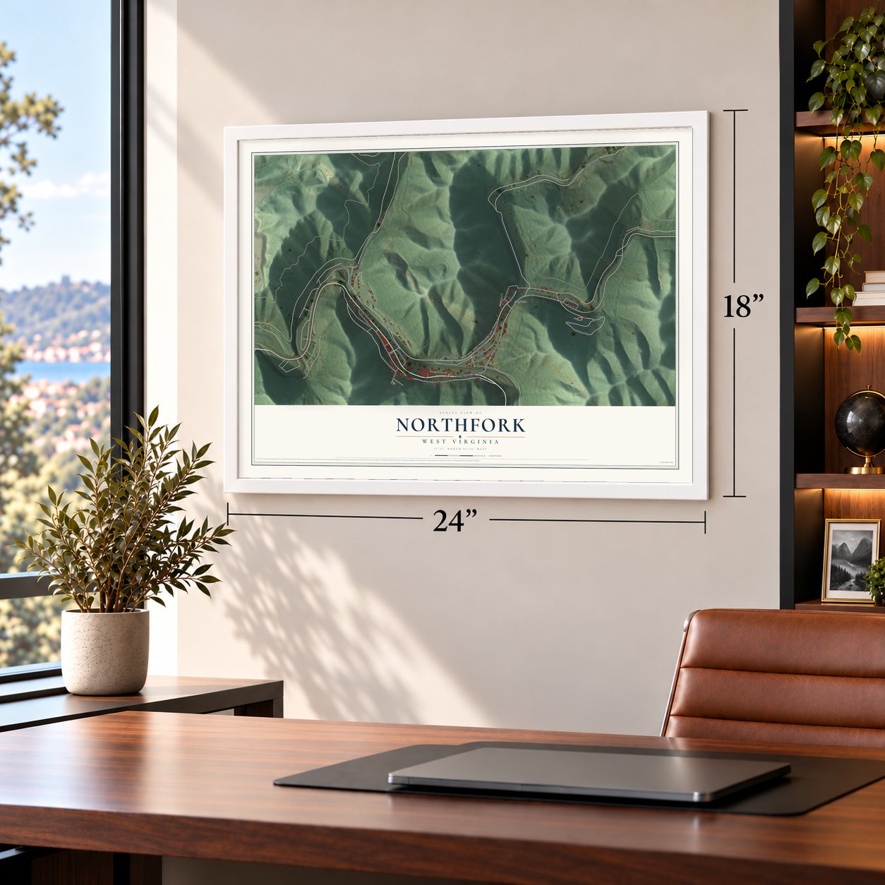 Northfork, West Virginia map, 18 x 24 inch print in a white frame in a home office