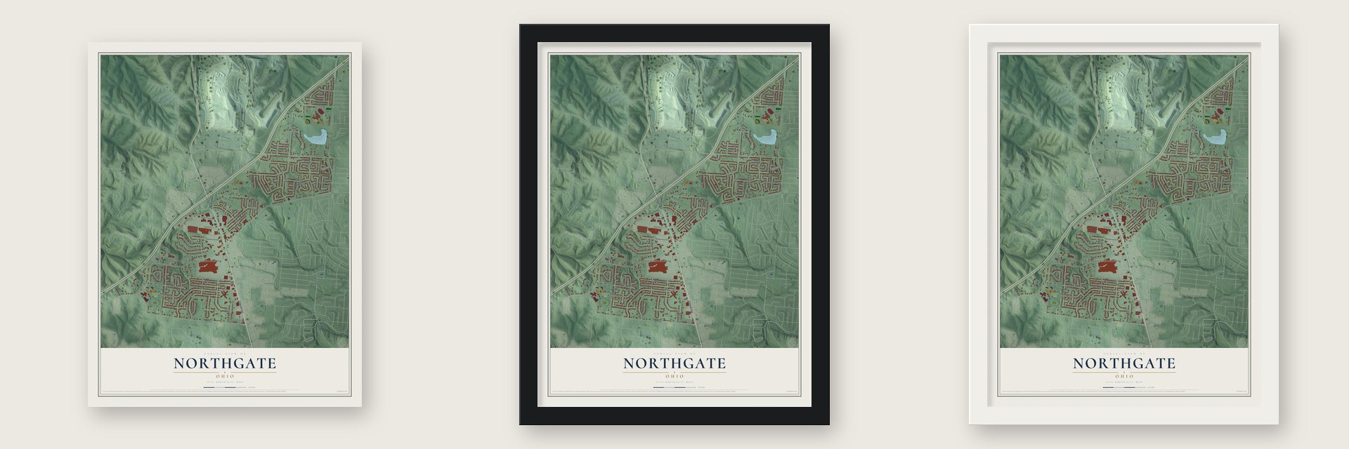 Northgate, Ohio map unframed, in a black wood frame and in a white wood frame