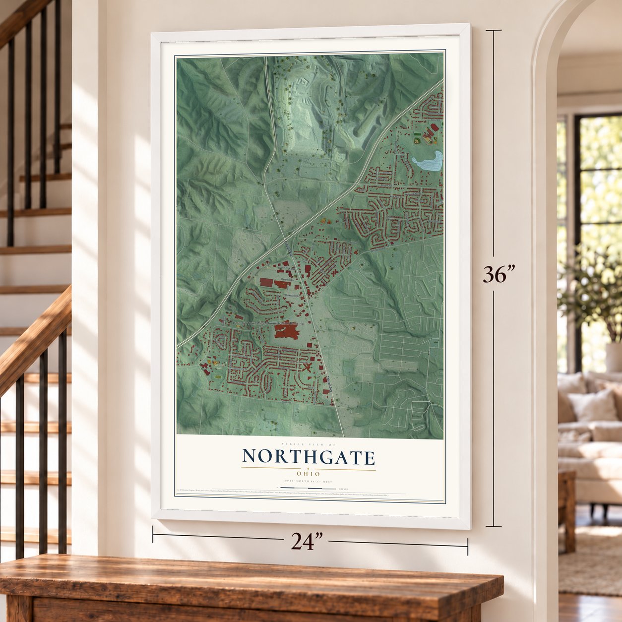 Northgate, Ohio map, 24 x 36 inch print in a white frame by a staircase