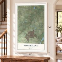 Northglenn, Colorado map, 24 x 36 inch print in a white frame by a staircase
