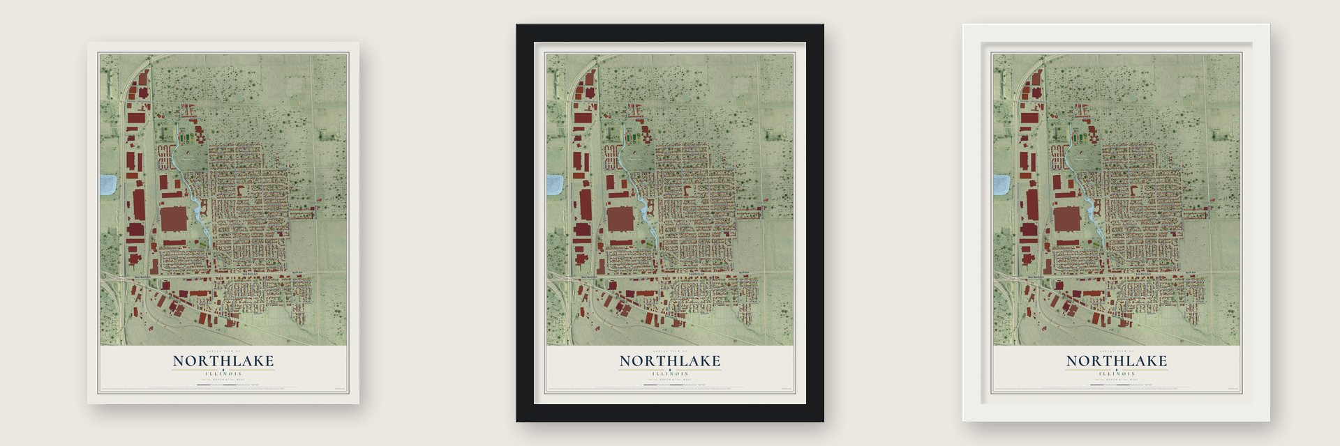 Northlake, Illinois map unframed, in a black wood frame and in a white wood frame