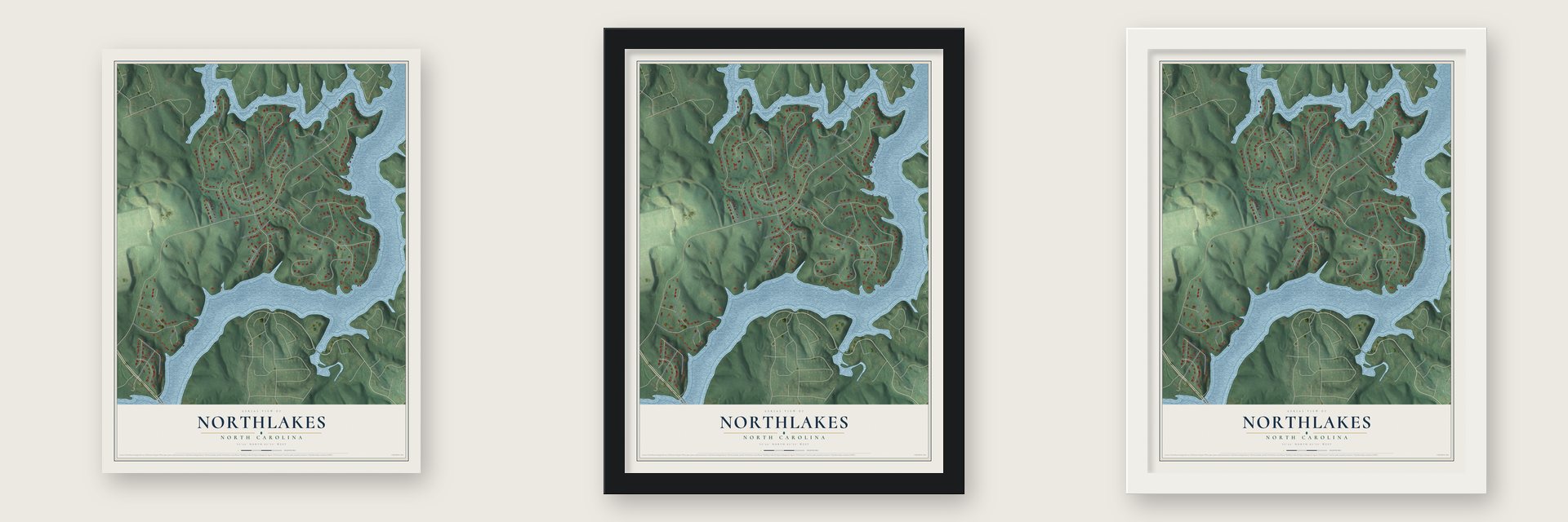 Northlakes, North Carolina map unframed, in a black wood frame and in a white wood frame