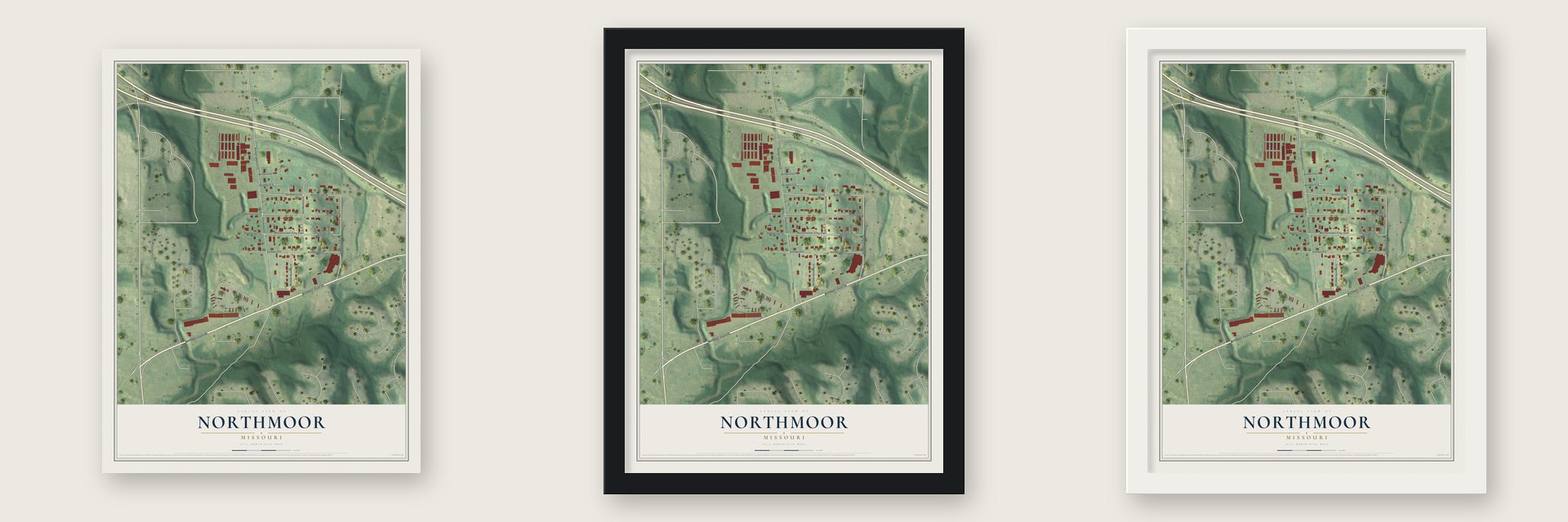 Northmoor, Missouri map unframed, in a black wood frame and in a white wood frame