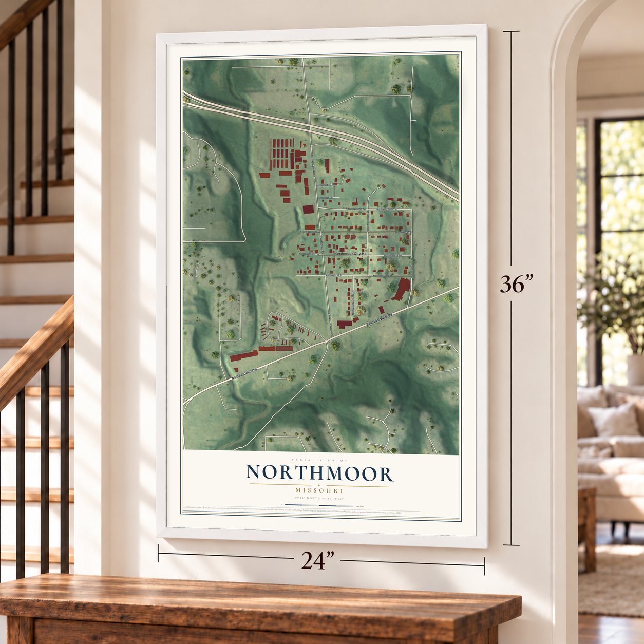 Northmoor, Missouri map, 24 x 36 inch print in a white frame by a staircase