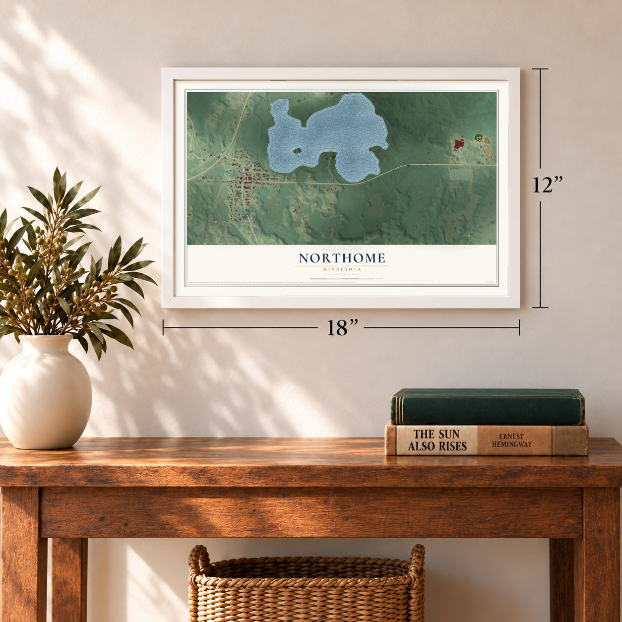 Northome, Minnesota map, 12 x 18 inch print in a white frame in an entryway