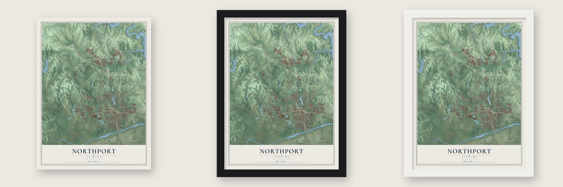 Northport, Alabama map unframed, in a black wood frame and in a white wood frame