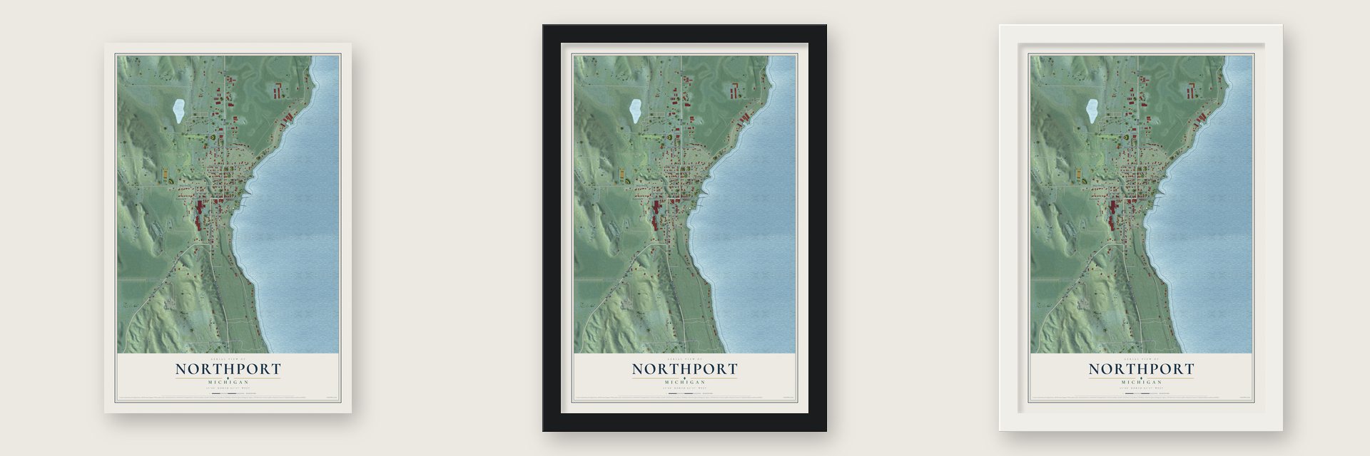 Northport, Michigan map unframed, in a black wood frame and in a white wood frame