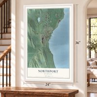Northport, Michigan map, 24 x 36 inch print in a white frame by a staircase