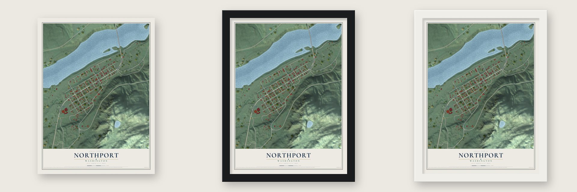 Northport, Washington map unframed, in a black wood frame and in a white wood frame