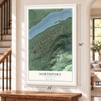 Northport, Washington map, 24 x 36 inch print in a white frame by a staircase
